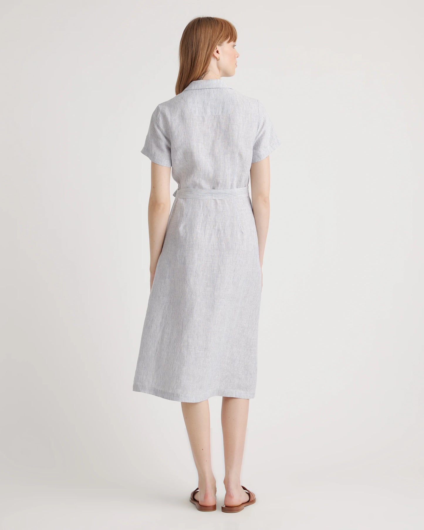 100% European Linen Button Front Dress - XS / Sky Blue Mariner Stripe