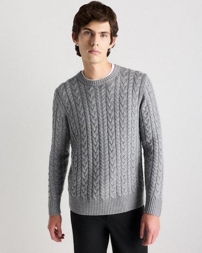 Australian Merino Wool Cable Crewneck Sweater - S / Heather Grey