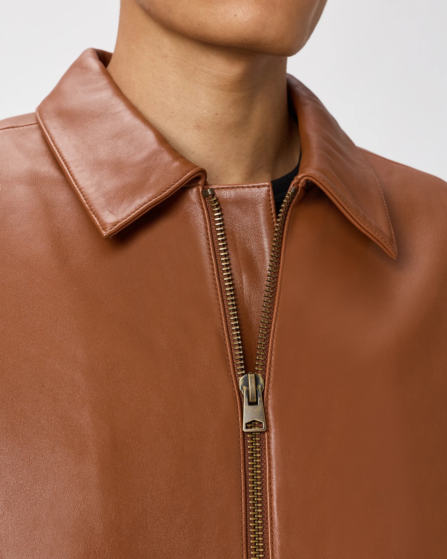 100% Leather Harrington Jacket - S / Dark Cognac Brown