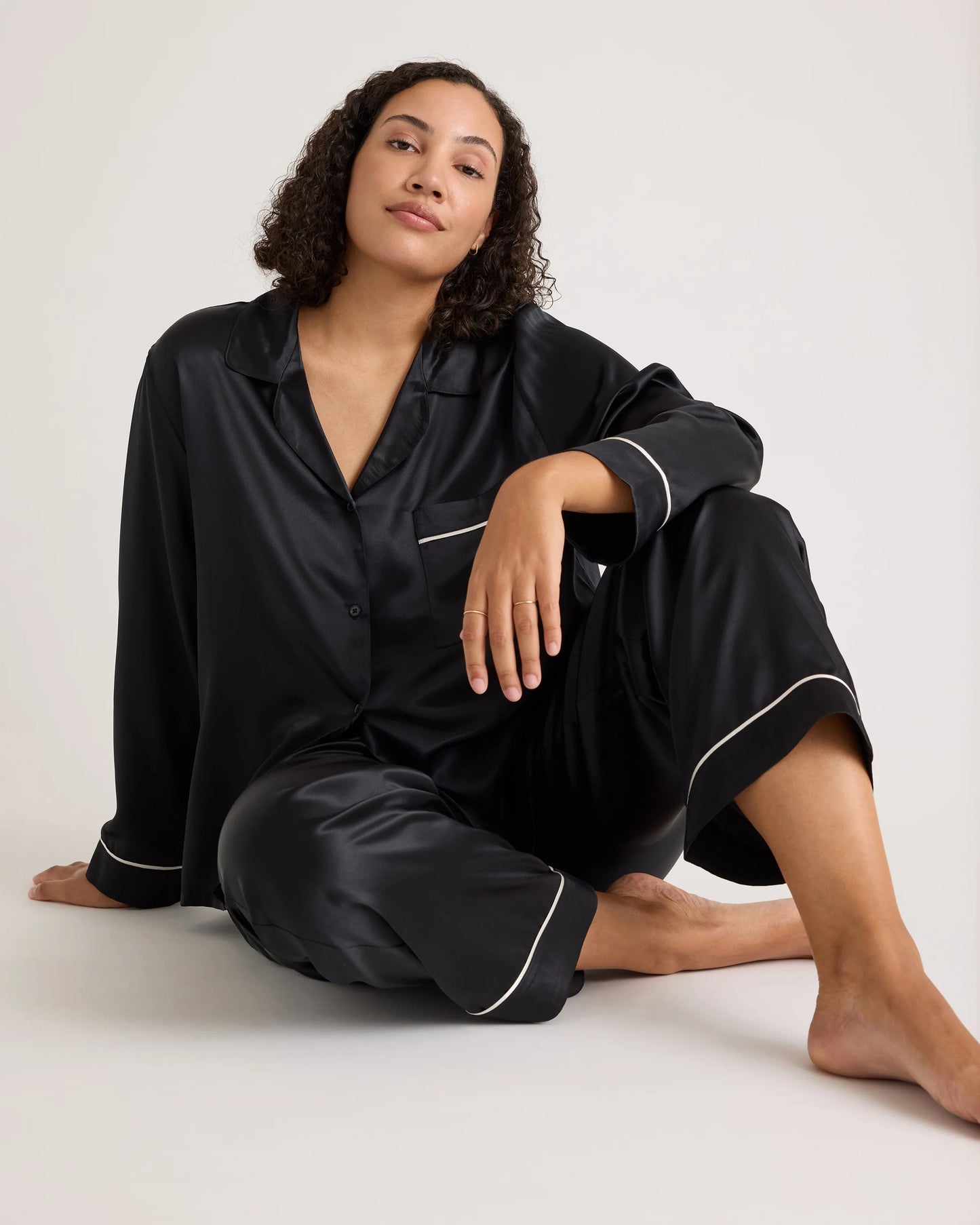 100% Washable Silk Satin Pajama Long Sleeve Top - XS / Toasted Almond