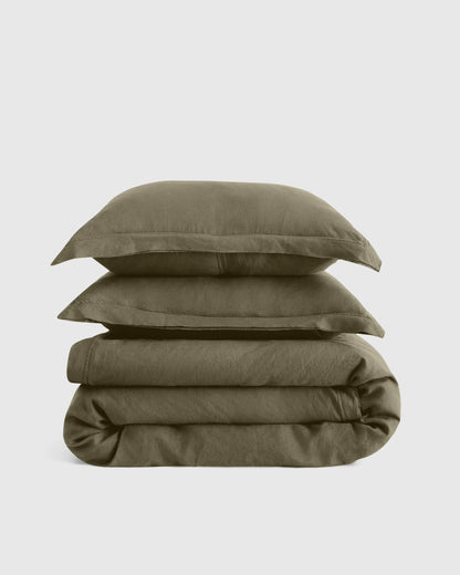 European Linen Double Flange Duvet Cover Set - Twin / Dusty Olive