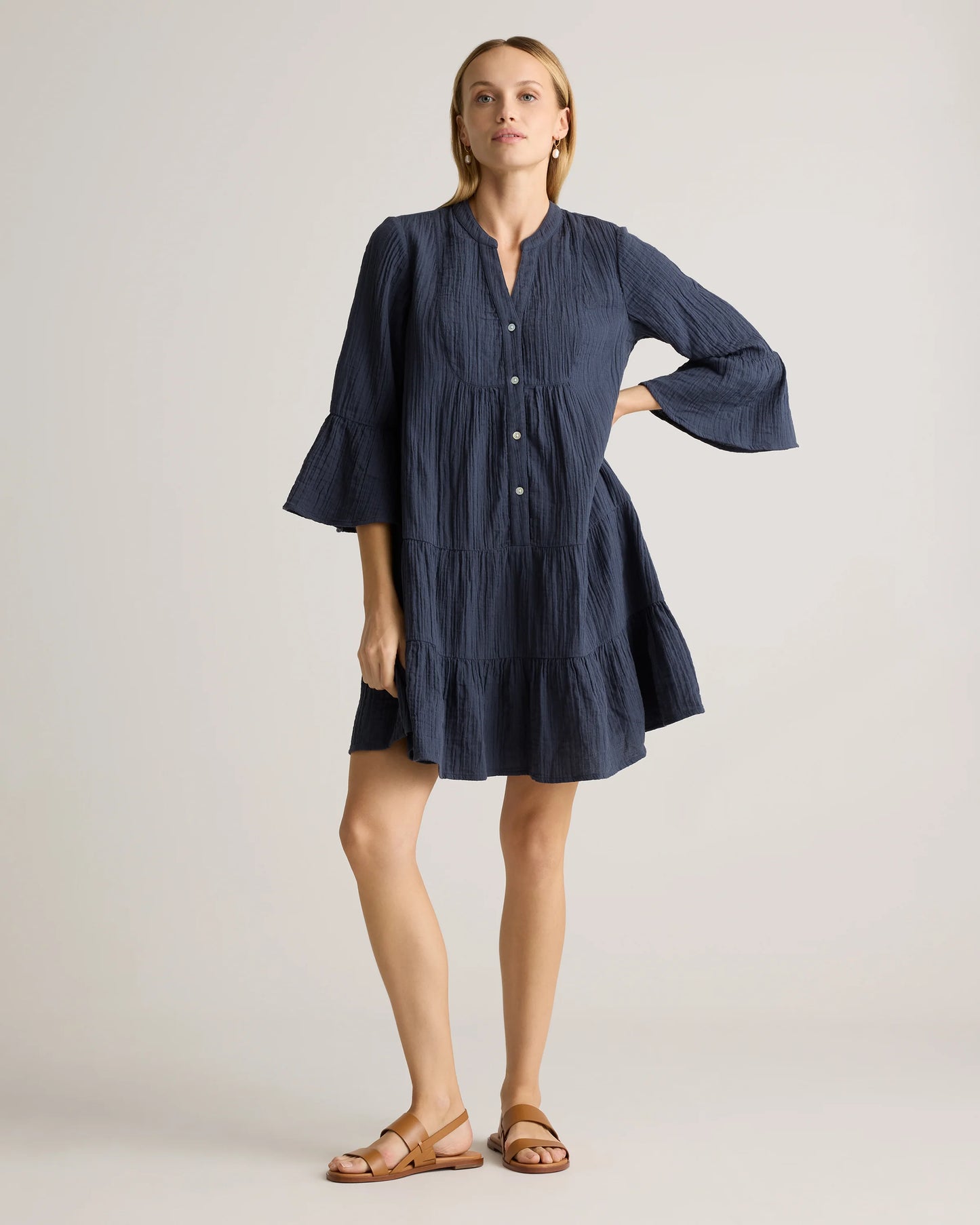 100% Organic Cotton Gauze Long Sleeve Tiered Mini Dress - XS / Amaranth Pink