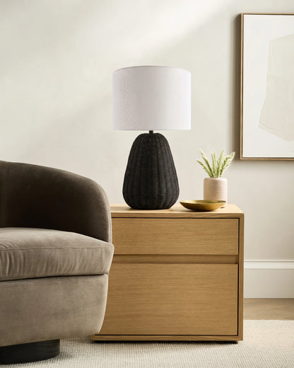 Natural Rattan Table Lamp with Linen Shade - One Size / Light Brown