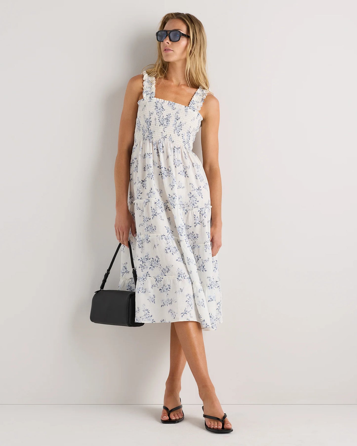 100% European Linen Smocked Midi Dress - XS / Ivory Porcelain Blue Petite Floral