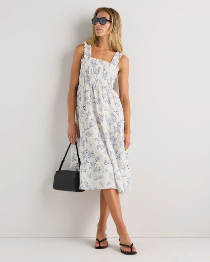 100% European Linen Smocked Midi Dress - XS / Ivory Porcelain Blue Petite Floral