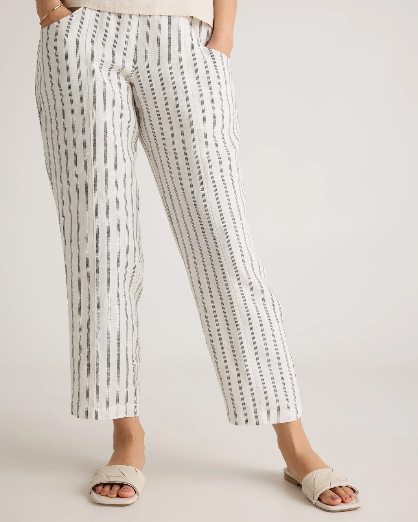100% European Linen Tapered Ankle Pants - XS / Blue Pinstripe