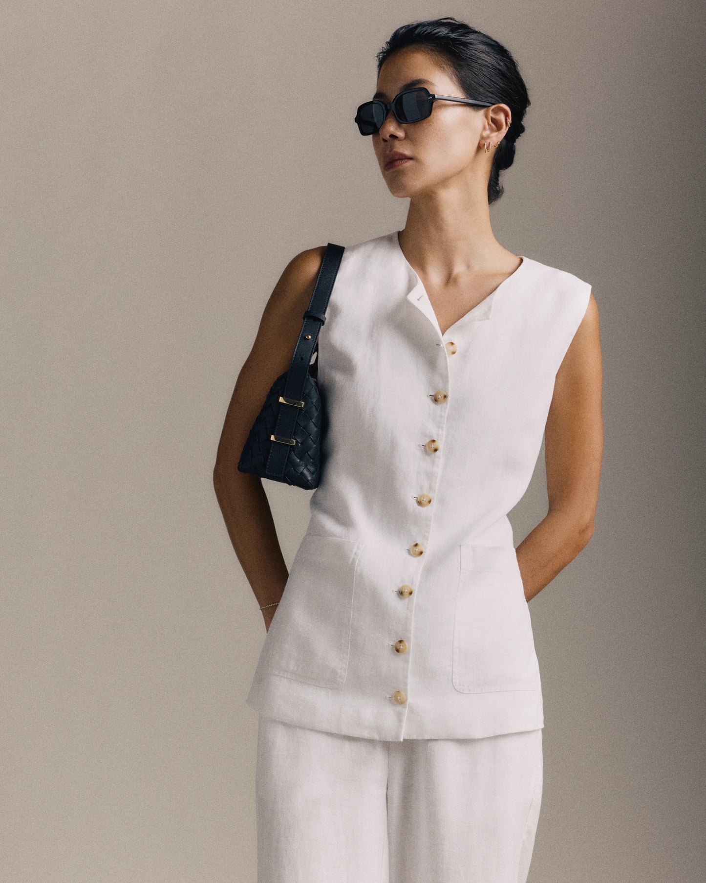 100% European Linen Longline Vest - XS / Taupe Brown Chambray