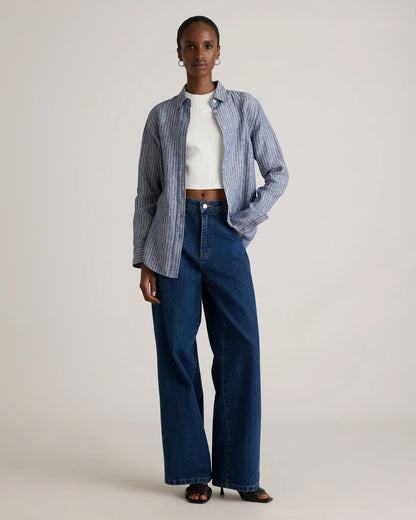 100% European Linen Long Sleeve Shirt - XS / Blue Pinstripe