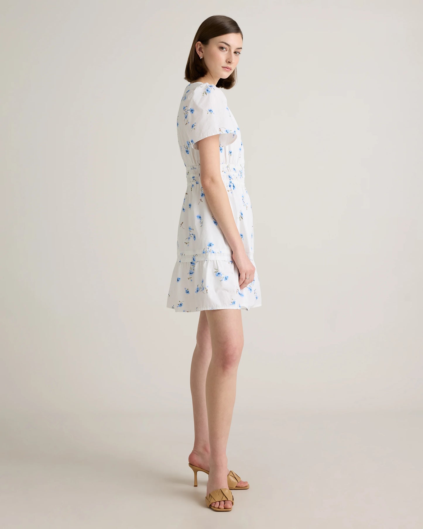 100% Organic Cotton Poplin Tiered Mini Dress - XS / Riviera Blue Heirloom Floral