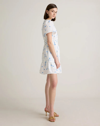 100% Organic Cotton Poplin Tiered Mini Dress - XS / Riviera Blue Heirloom Floral
