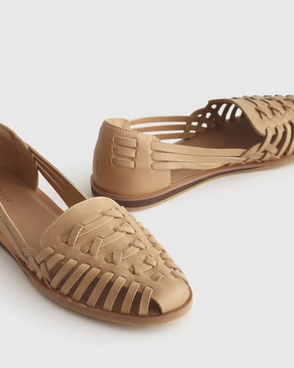 100% Leather Huarache Flat - 5 / Cashew