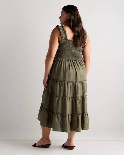 100% European Linen Smocked Midi Dress - 1X / Flax