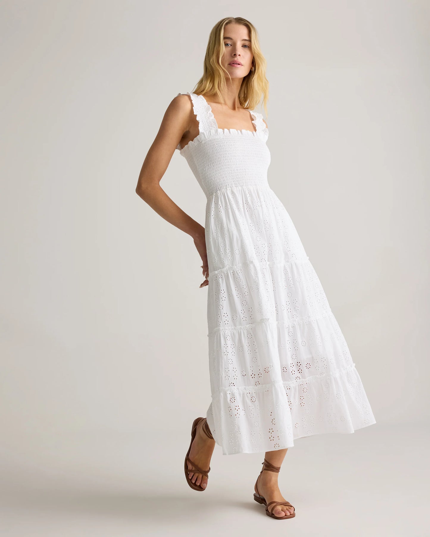100% Organic Cotton Eyelet Smocked Midi Dress - XS / White