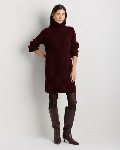 Mongolian Cashmere Ribbed Turtleneck Mini Dress - XS / Black