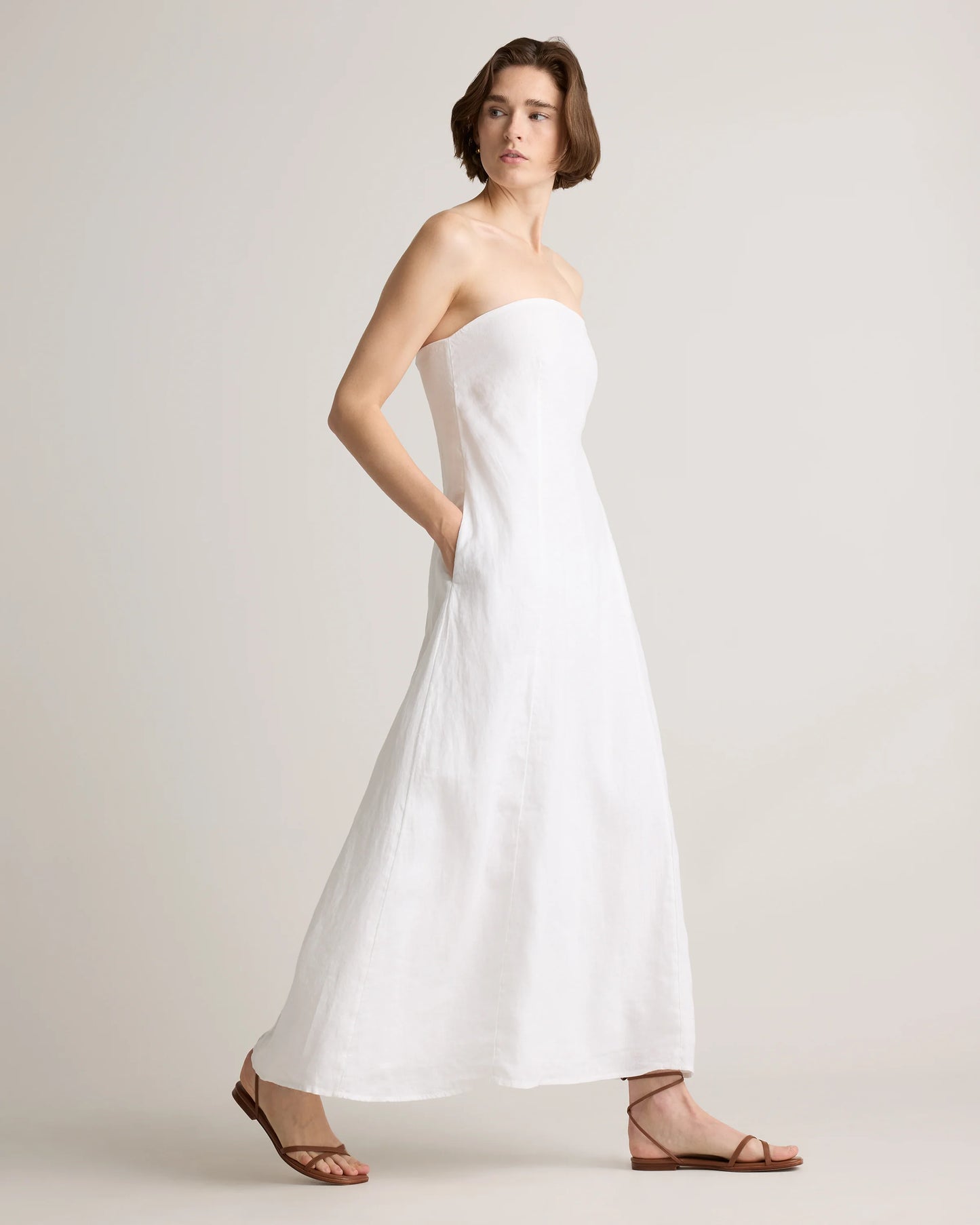 100% European Linen Strapless Maxi Dress - XS / Brick Red Heirloom Floral
