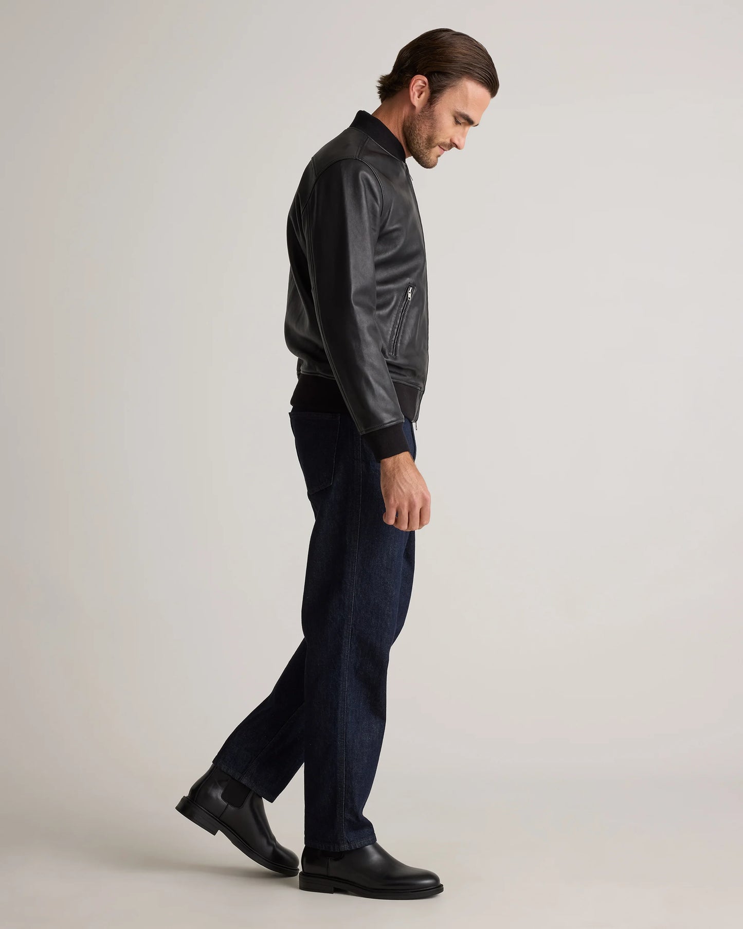 100% Washed Leather Bomber Jacket - S / Black