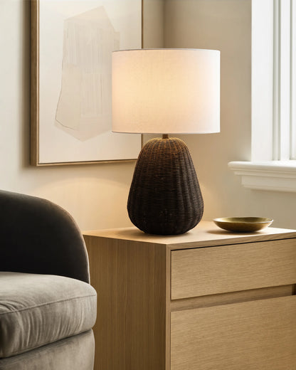 Natural Rattan Table Lamp with Linen Shade - One Size / Light Brown
