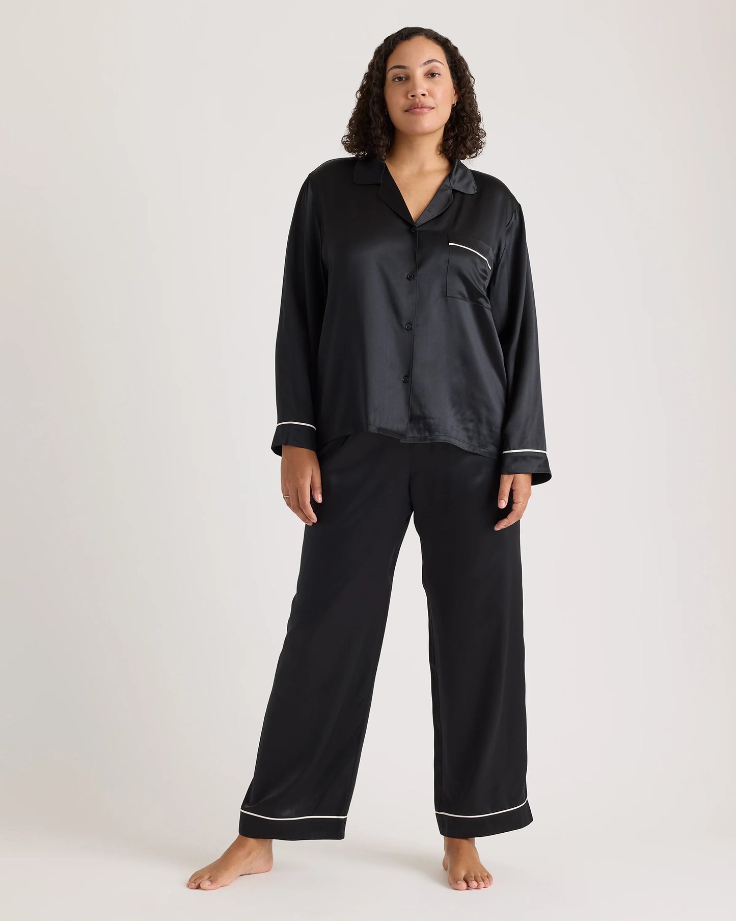 100% Washable Silk Satin Pajama Long Sleeve Top - XS / Toasted Almond