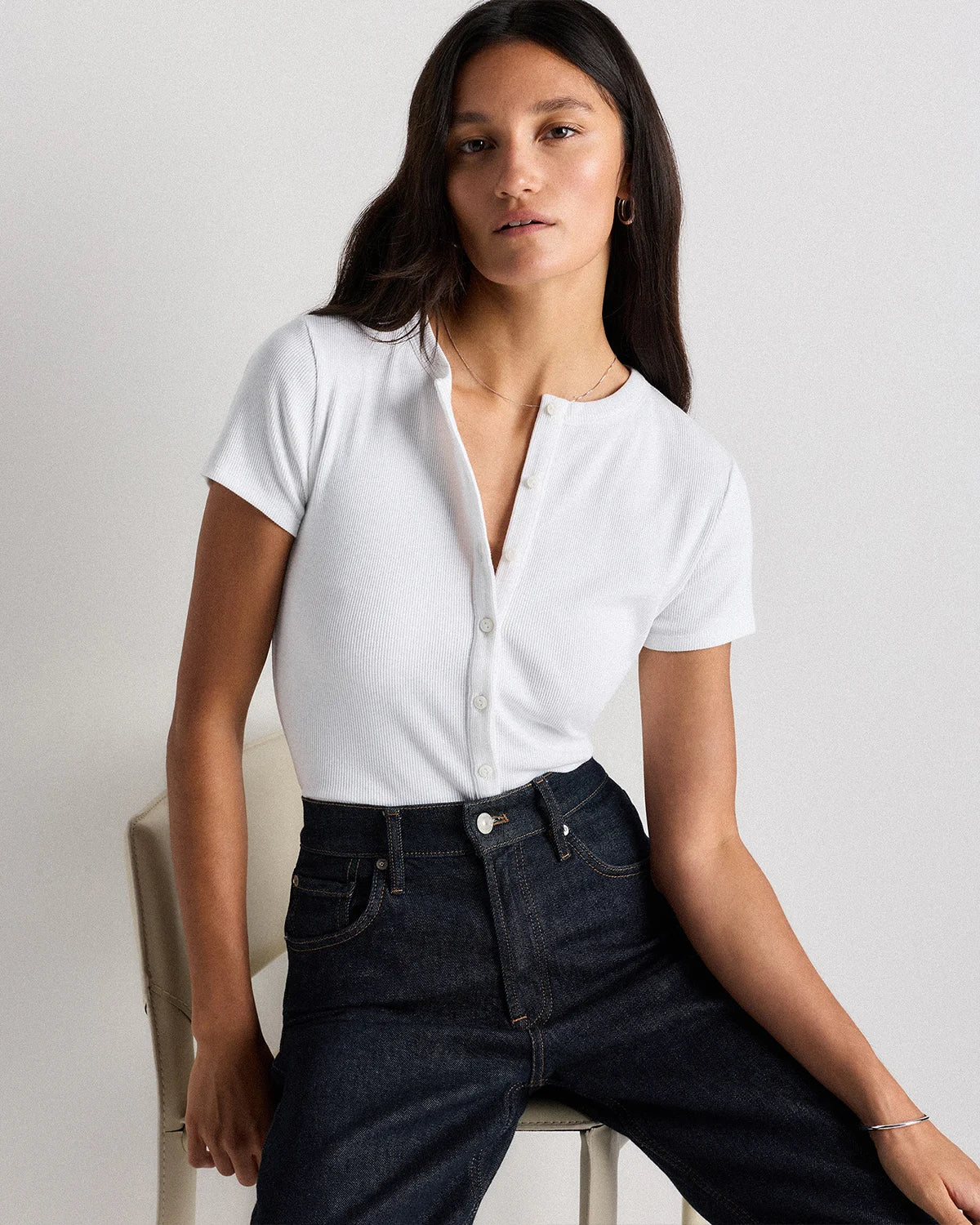 Organic Cotton Micro-Rib Button Tee - XS / Soft White