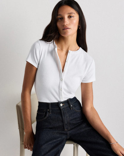 Organic Cotton Micro-Rib Button Tee - XS / Soft White