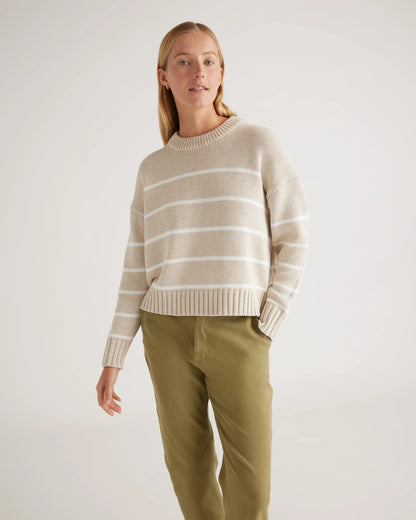 100% Organic Cotton Striped Crew Sweater - XS / Heather Brown/Ivory