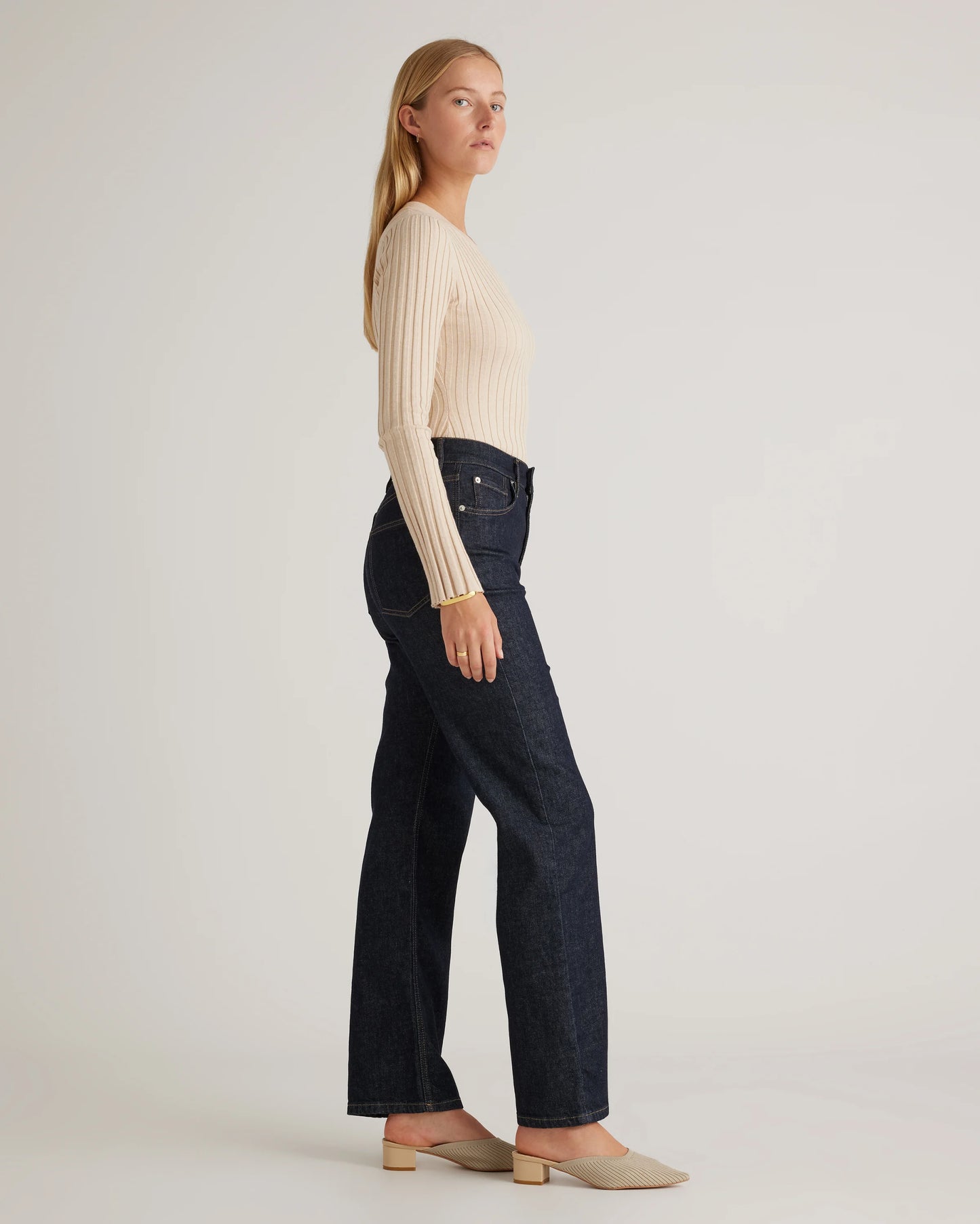 Cotton Cashmere Ribbed Long Sleeve Sweater - XS / Sugar Stone