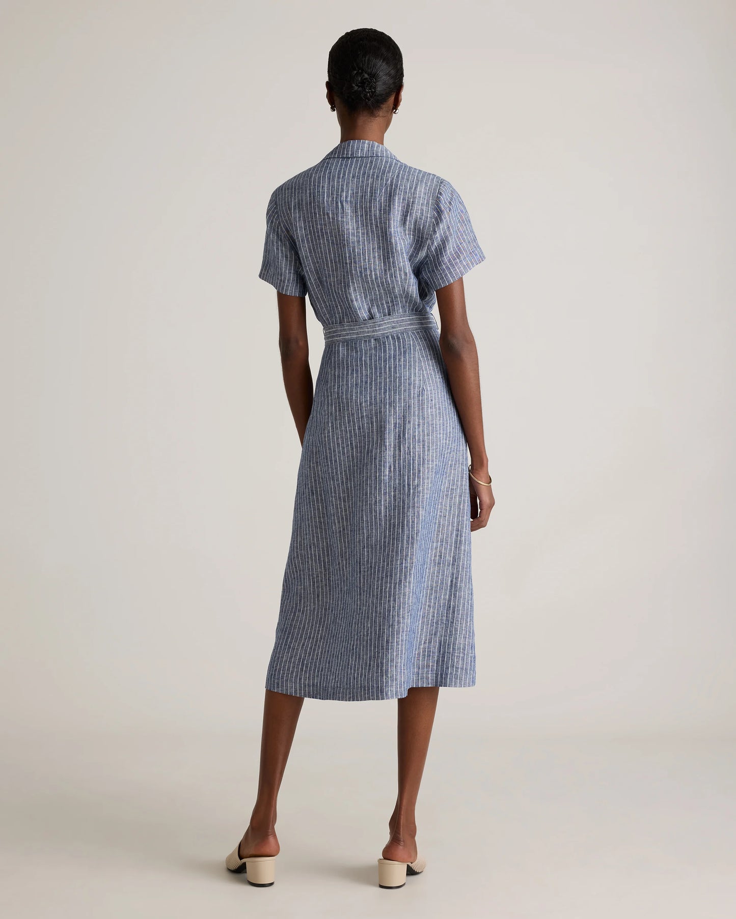 100% European Linen Button Front Dress - XS / Sky Blue Mariner Stripe