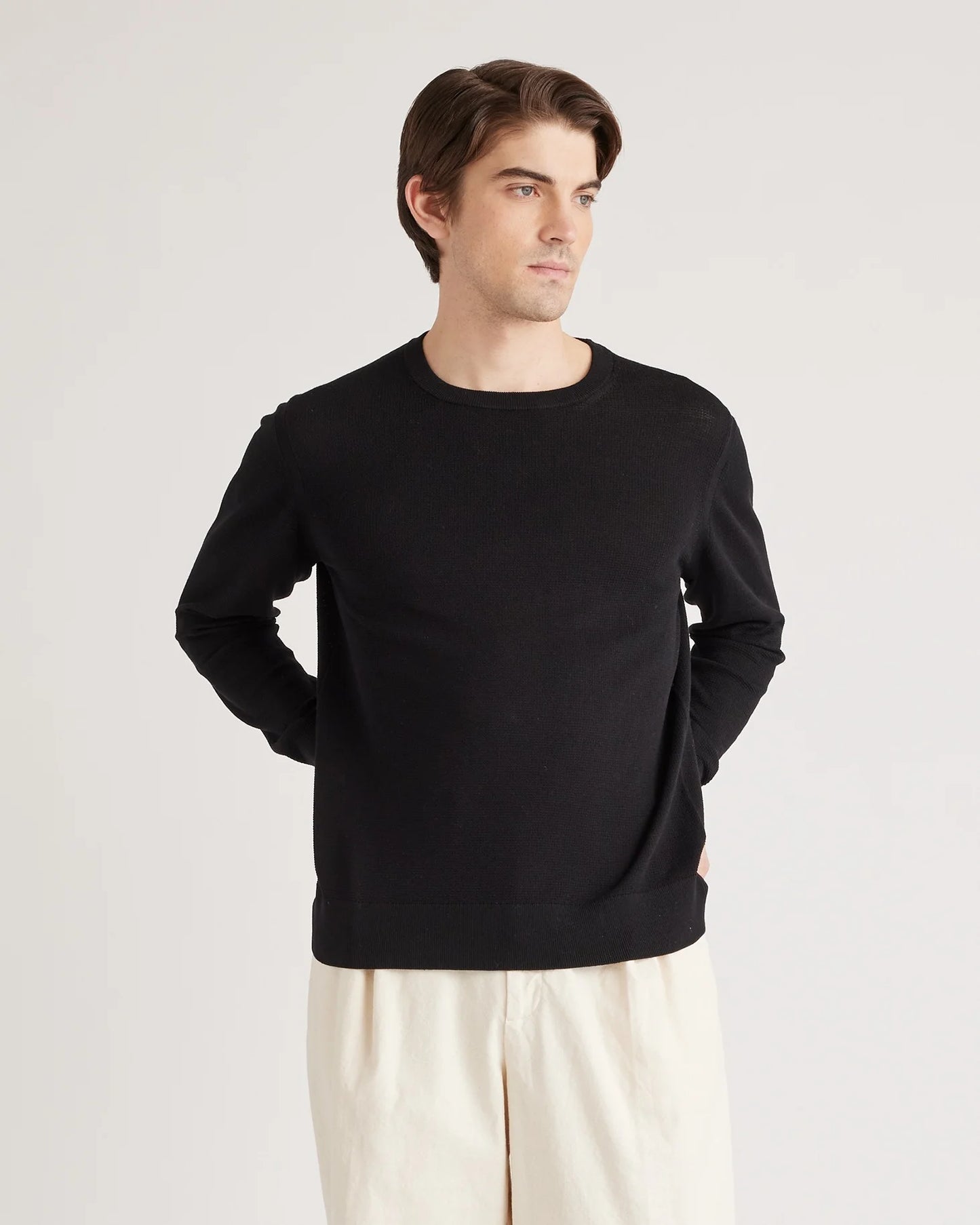 Organic Cotton-Silk Pique Crewneck Sweater - S / Speckled Beige