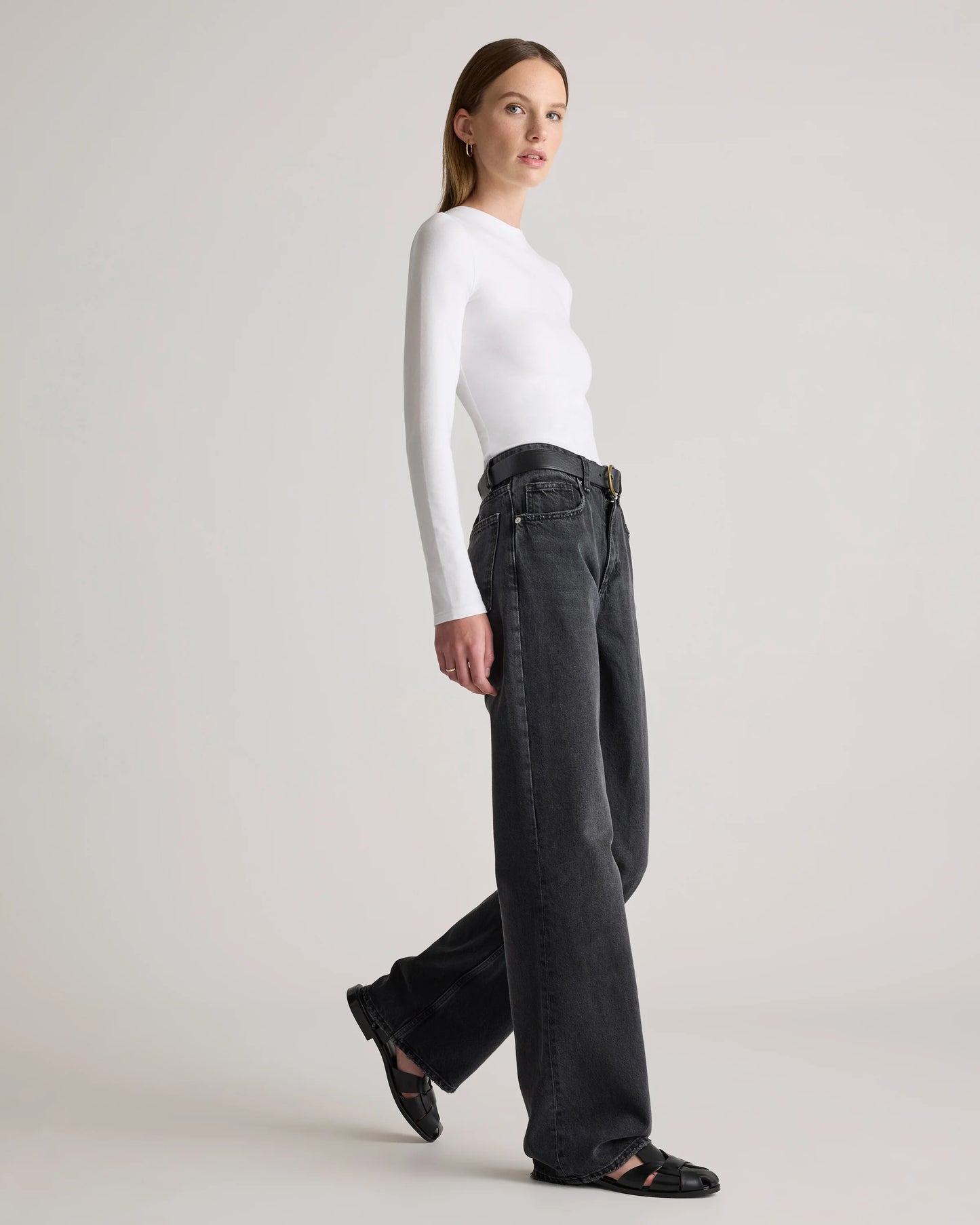 Stretch Cotton Jersey Fitted Long Sleeve T-Shirt - XS / Linen White