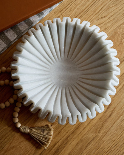 Handcrafted Fluted Marble Decorative Bowl - Large / White