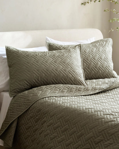 Organic Cotton Basketweave Quilted Sham Set - Standard / Mineral
