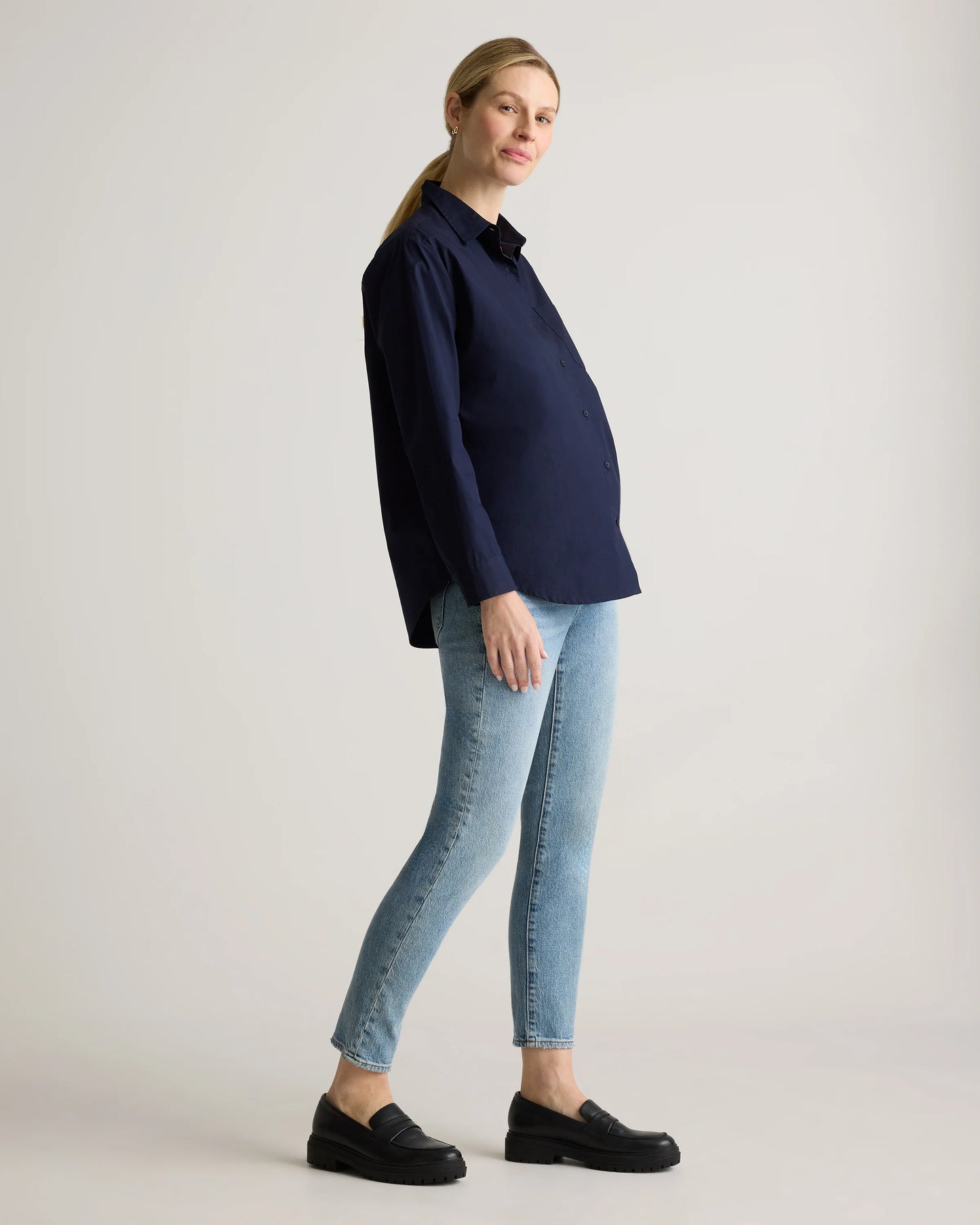 100% Organic Cotton Poplin Maternity Long Sleeve Shirt - XS / Classic White
