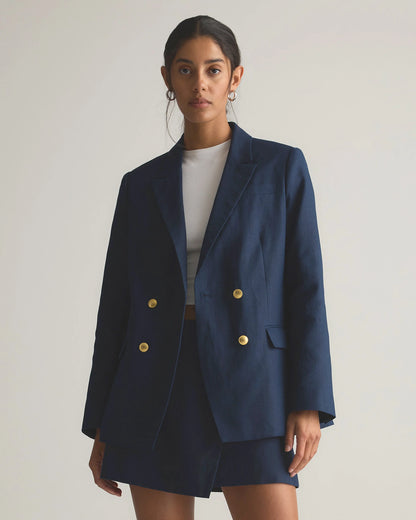 100% European Linen Relaxed Double-Breasted Blazer - XS / Blue Pinstripe