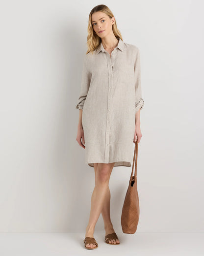 100% European Linen Shirt Dress - XS / Sky Blue Mariner Stripe