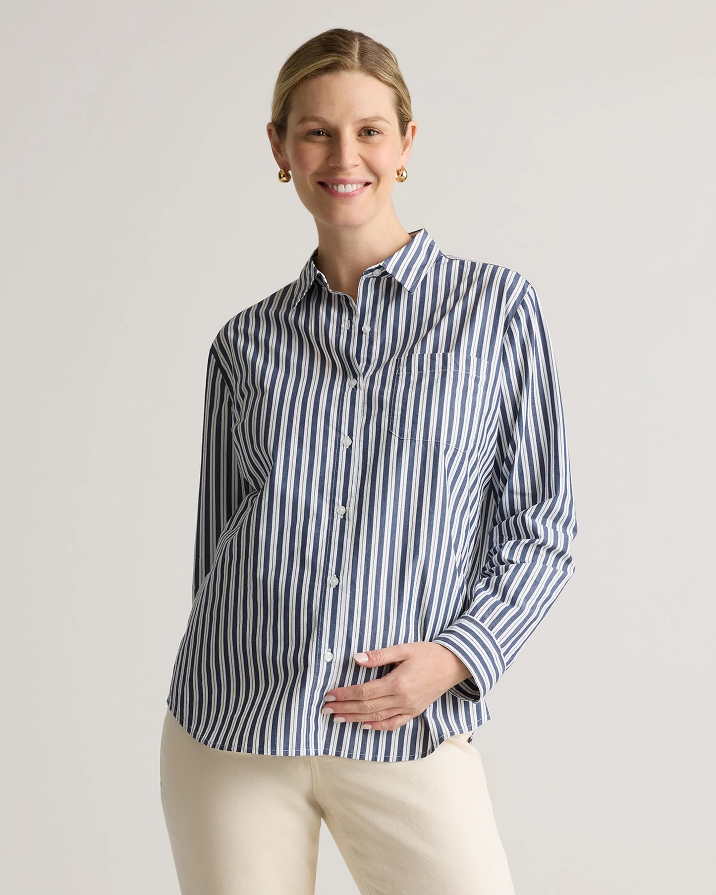 100% Organic Cotton Poplin Maternity Long Sleeve Shirt - XS / Classic White