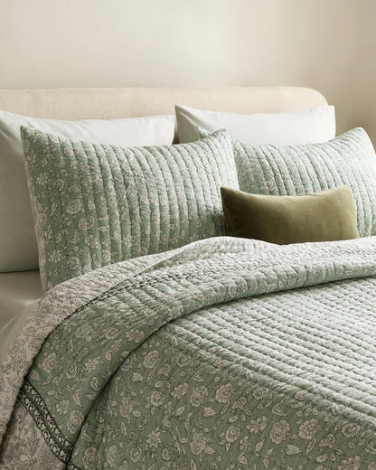 Organic Cotton Block Print Quilted Sham Set - Standard / Green