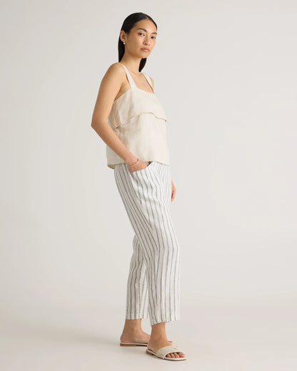 100% European Linen Tapered Ankle Pants - XS / Blue Pinstripe