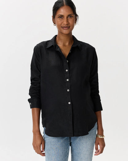 100% European Linen Maternity Long Sleeve Shirt - XS / Blue Pinstripe