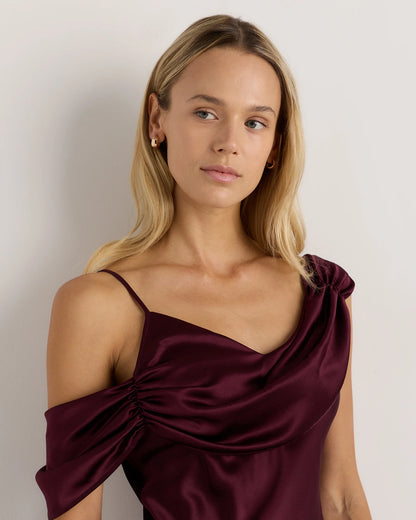 100% Washable Silk Draped Shoulder Maxi Dress - XS / Navy
