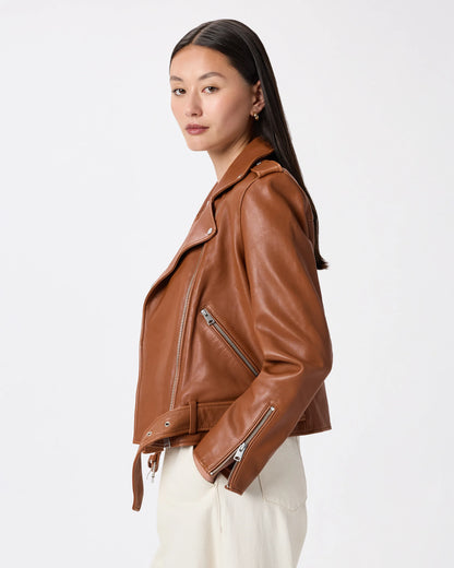 100% Leather Motorcycle Jacket - XS / Cognac