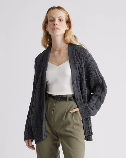 100% Organic Cotton Oversized Cable Cardigan - XS / Heather Brown