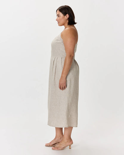 100% European Linen Scoop Neck Midi Dress - 1X / Deep Navy