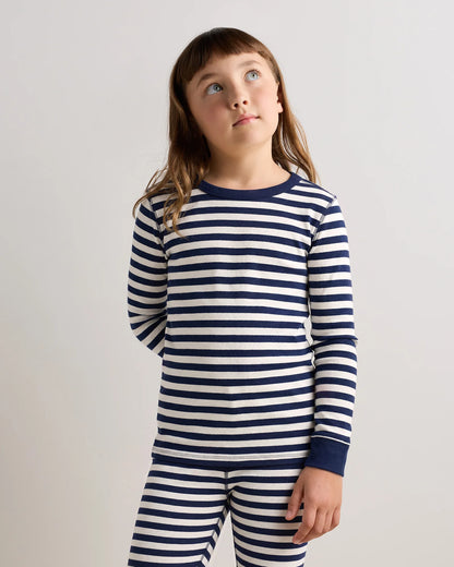100% Organic Cotton Long Sleeve and Pant Pajama Set - 6 / Navy Stripe