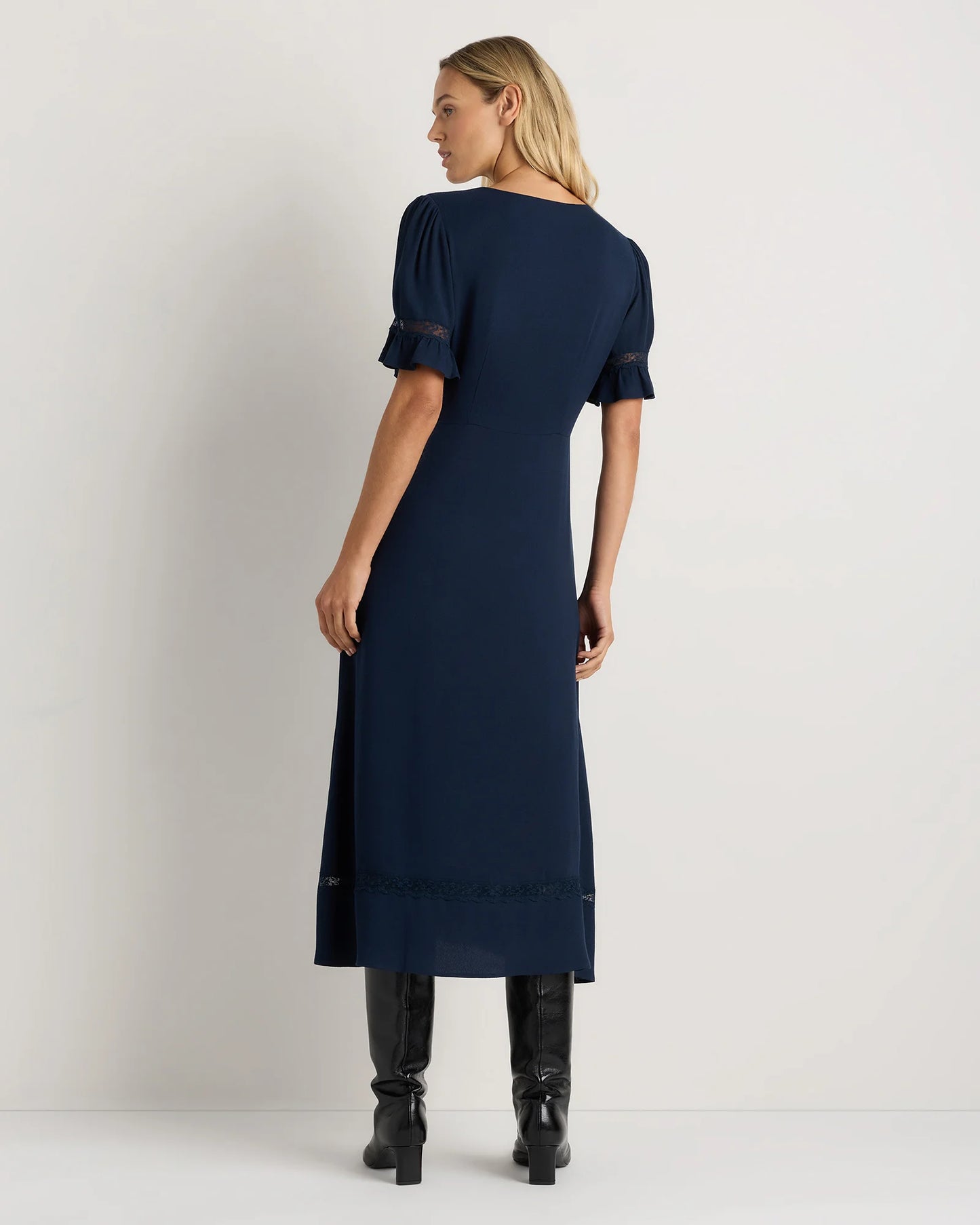 Lightweight Crepe Lace Inset Midi Dress - XS / Moonstone Blue