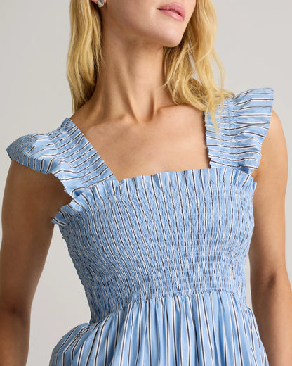 100% Organic Cotton Poplin Smocked Midi Dress - XS / Riviera Blue Heirloom Floral