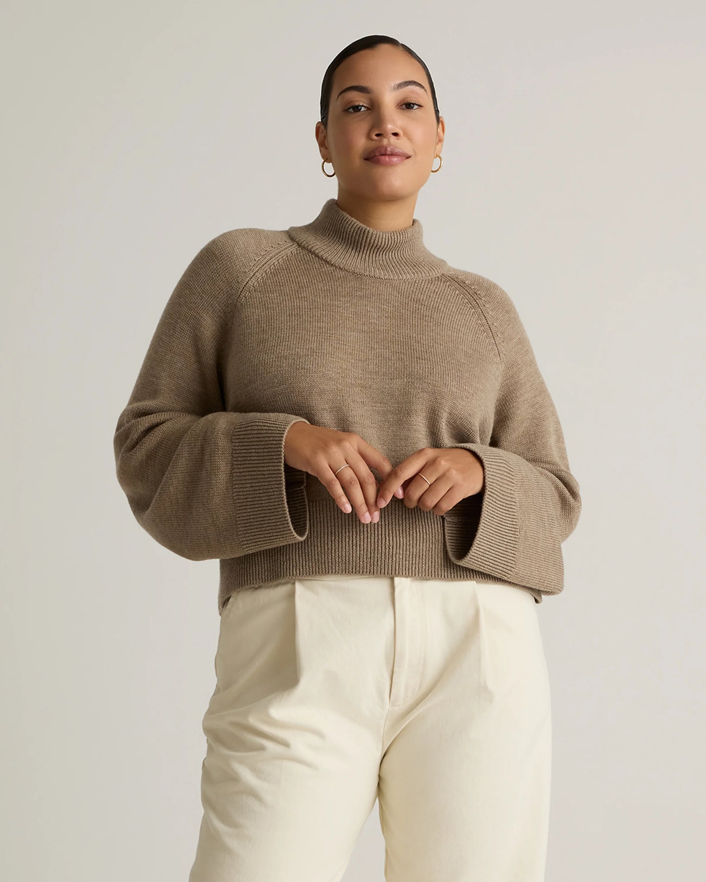 Australian Merino Wool Cropped Mock Neck Sweater - XS / Heather Bone