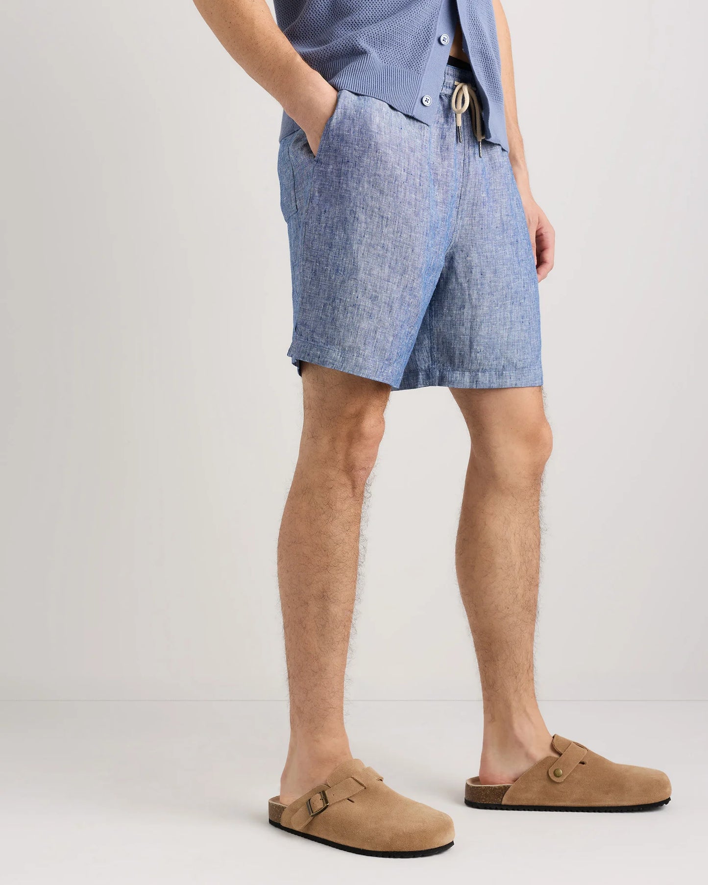 100% European Linen Drawstring Beach Shorts - 7" - XS / Taupe Brown Chambray