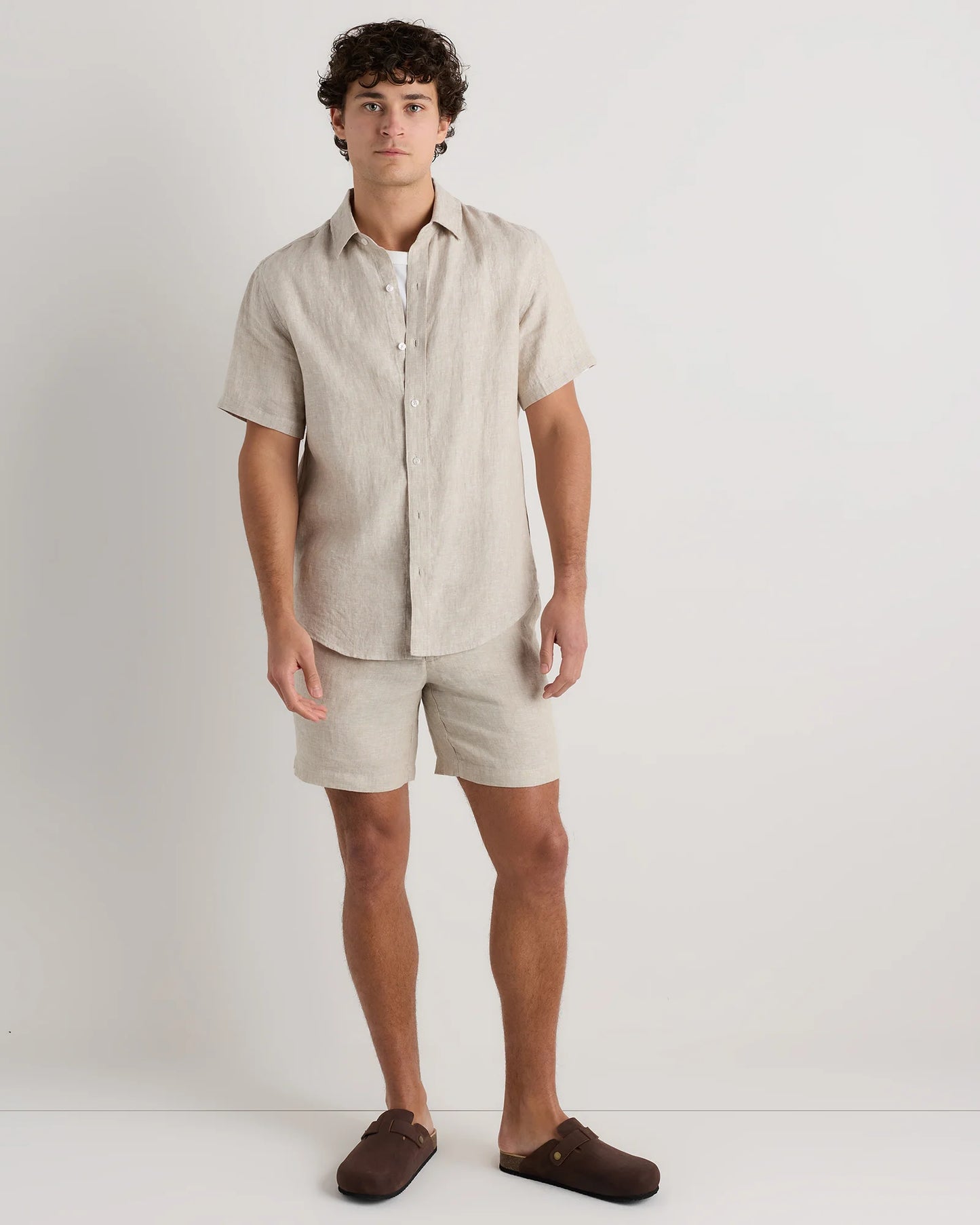100% European Linen Relaxed Short Sleeve Shirt - XS / Taupe Brown Chambray
