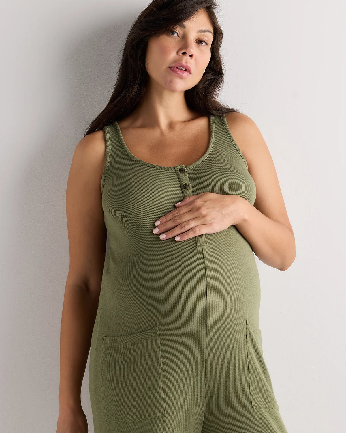 Bamboo Rib Maternity Button Front Jumpsuit - XS / Green Tea