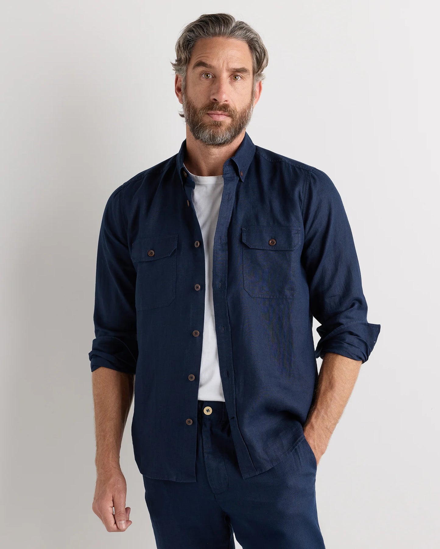 100% European Linen Utility Shirt - S / Taupe Brown Chambray